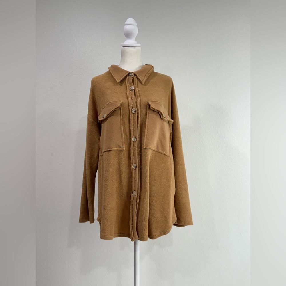 Bucketlist French Terry Oversized Shacket Top Tan Button Front Raw Frayed Hem L